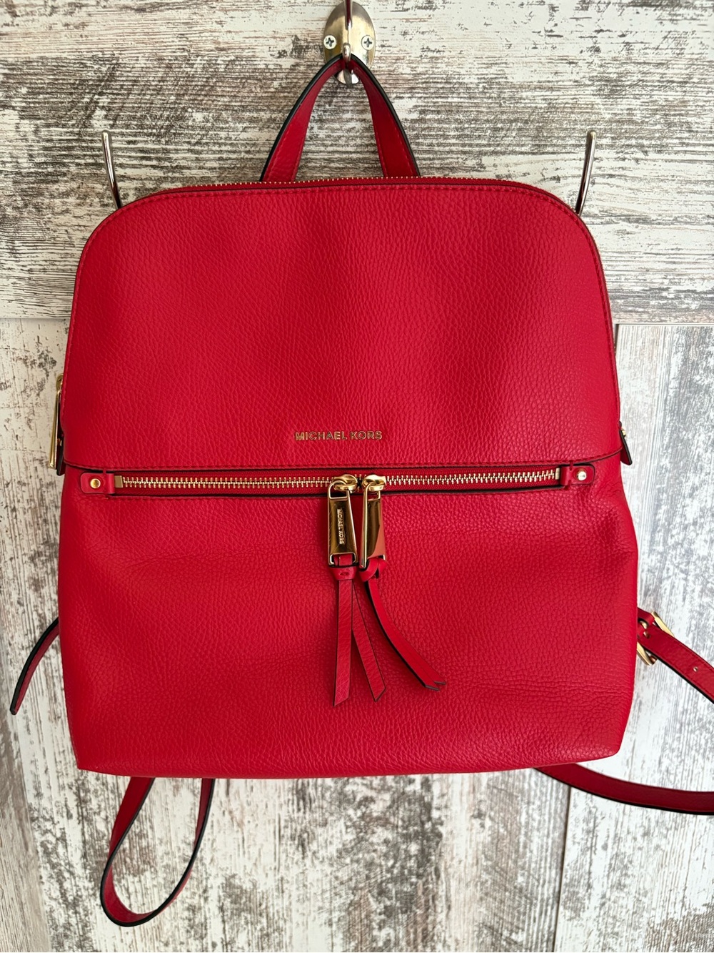 Michael Kors Bright Red Pebbled Leather Backpack with Gold Hardware